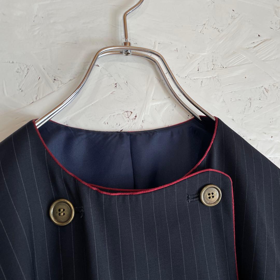 日本製【Lois CRAYON】ストライプ柄ノーカラーコート　ネイビー　M