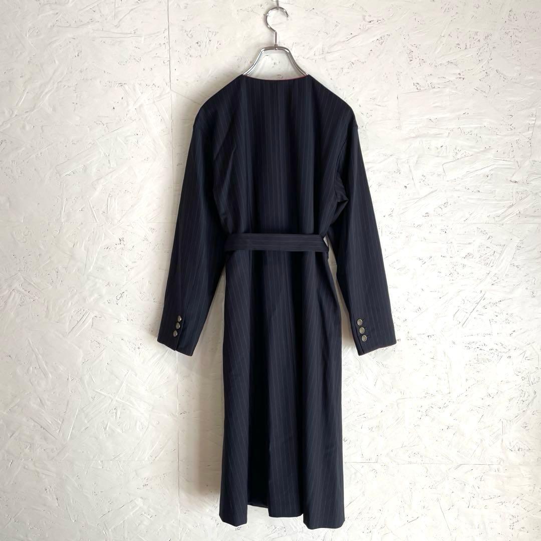 日本製【Lois CRAYON】ストライプ柄ノーカラーコート　ネイビー　M