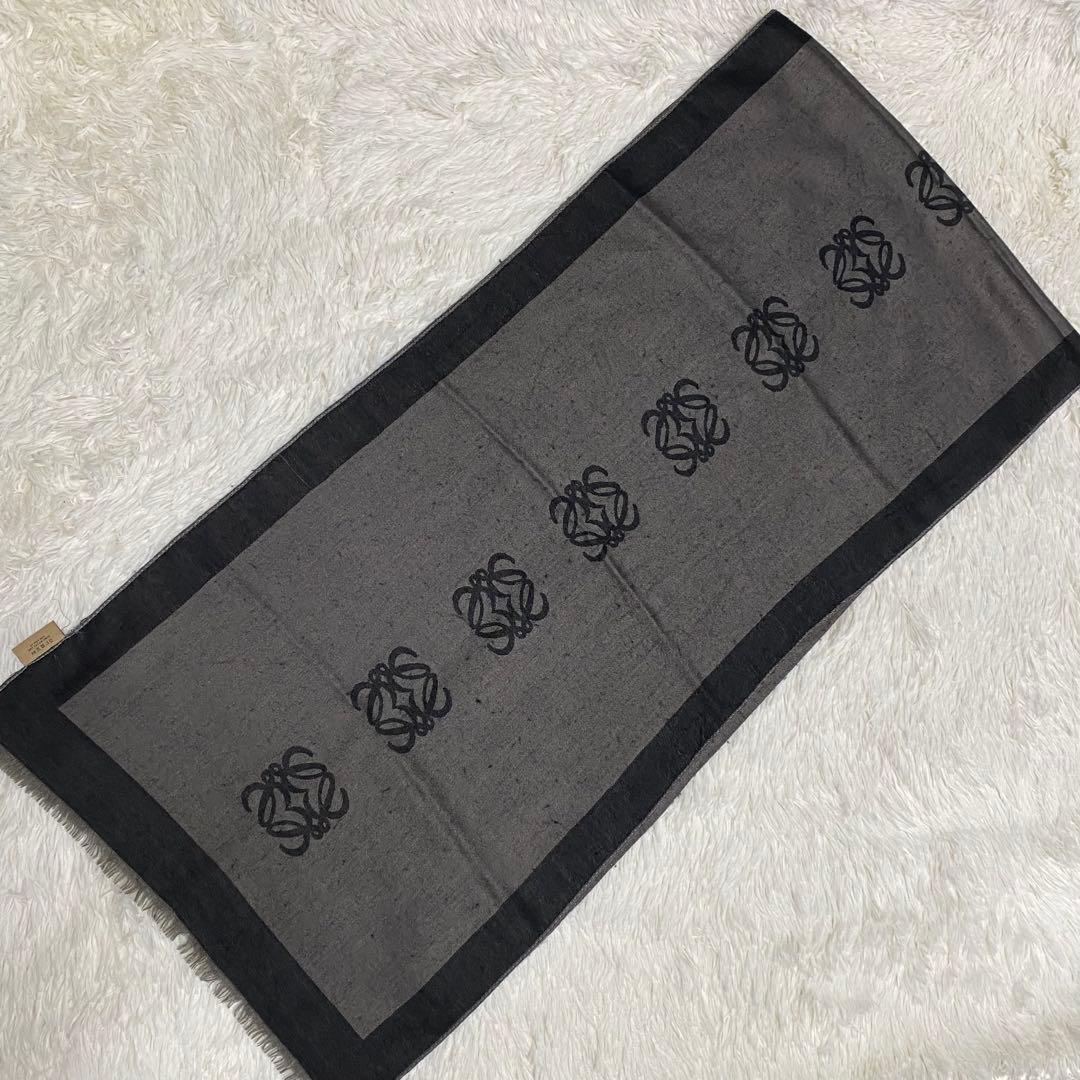 極美品✨ロエベ大判ストール　アナグラムロゴ総柄　黒グレー薄手ウール　リバーシブル