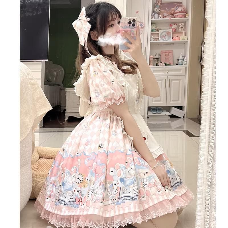 No.2874_海外ロリィタ_未使用ピンクエプロン付き半袖ワンピース3点セット